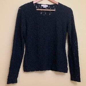 Glu-Glu || Black Embroidered Floral Lace Sheer Long Sleeve Stretch Top M